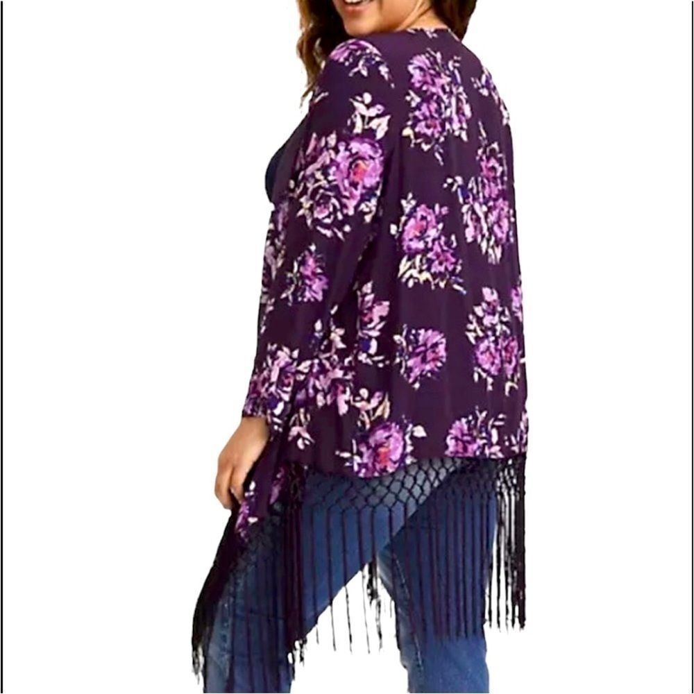 Torrid Purple Floral Print Fringe Kimono Duster plus size 1x